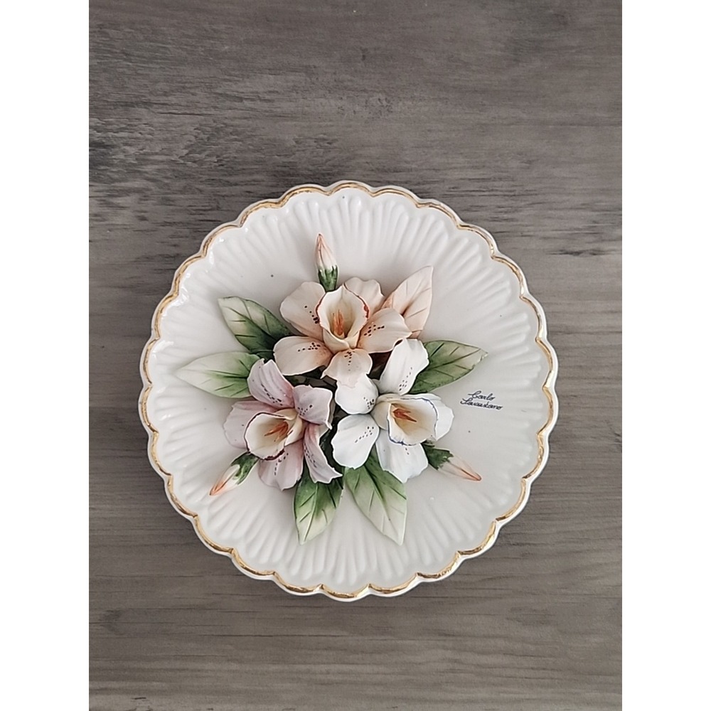 Vtg Antq‎ Capodimonte Italy Porcelain 3D Flowers Plate Carlo Savastano 6.5"x3"
